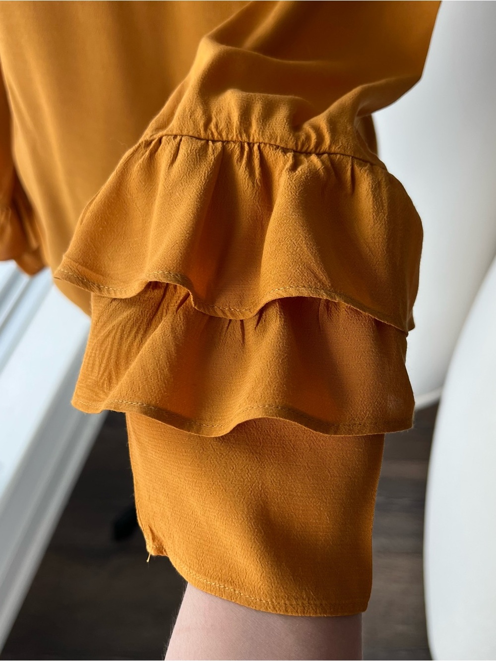 Excellent Condition! Women’s Mustard Long-Sleeve Blouse with Ruffle Cuffs - Picture 2 of 4